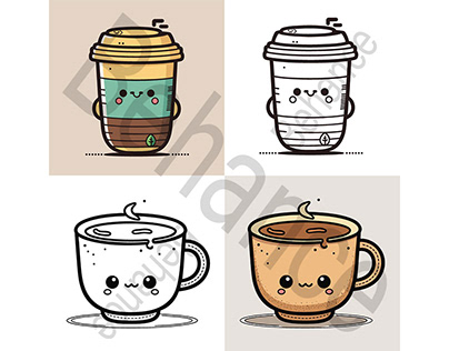 Coffee Cup Logo, Cute Coffee Cup Cartoon line art vecto