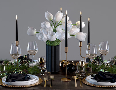 Christmas table setting with tulips_3d model