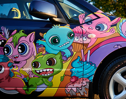 The car with cute monsters