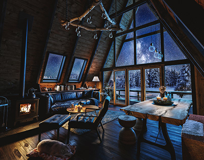 CABIN HOUSE in winter . Interior visualization
