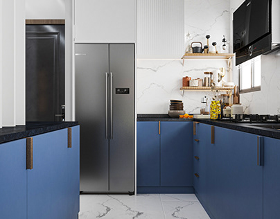 blue and white kitchen units