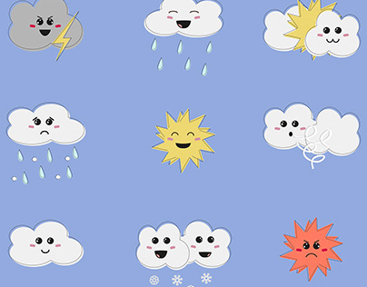 Set of icons weather with cute kawaii faces
