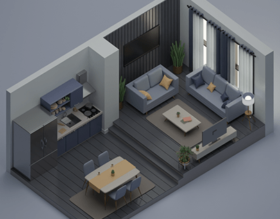 3D isometric room-kitchen and livingroom-0410