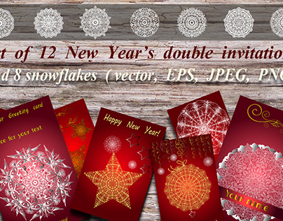 A set New Year's double invitations and snowflakes