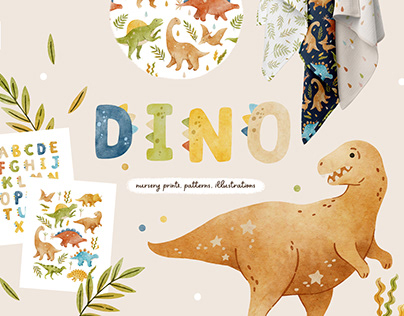 Watercolor dinosaur illustrations and patterns