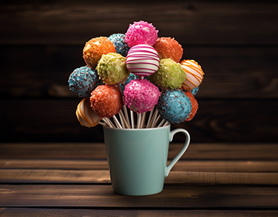 Cake pops in cup on brown wooden background