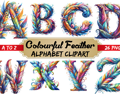 Watercolor colourful feather Alphabet