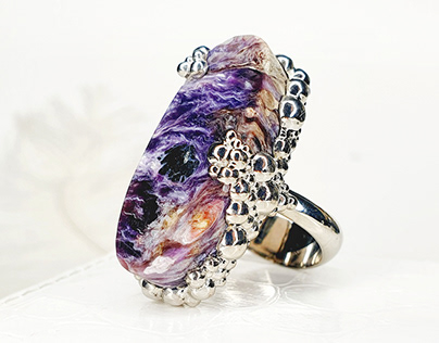 Purple Charoite artisan silver ring