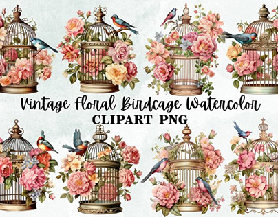 Vintage Floral Birdcage Watercolor