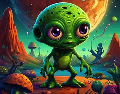 An imaginary cartoon illustration of a green alien.