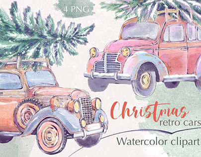 Christmas retro cars. Watercolor Clipart