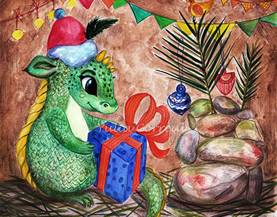 Cute little dragon with box of gift.