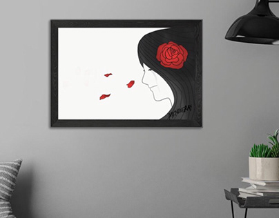 Sadness lady line art drawing in frame on wall