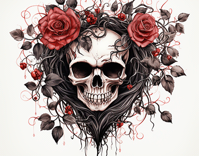Watercolor Skull with Heart Gothic Rose, Dark Fairytale