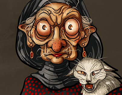 Digital painitng of old woman with cat
