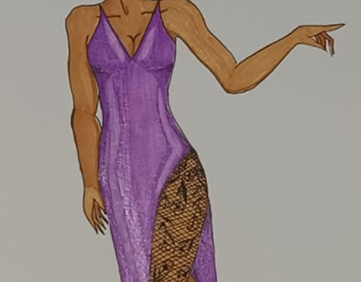 Desenho de vestido de cetim com uma perna de renta