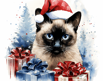 Cute Siamese cat christmas Water color
