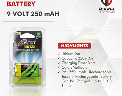 9 volt 250 mah Rechargeable Lithium Ion Battery
