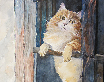 Ginger cat in the window, watercolor