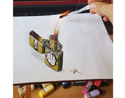 3D drawing of a burning zippo