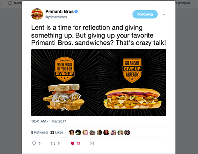 Primanti Bros. Lenten Sandwich Promotion via Twitter