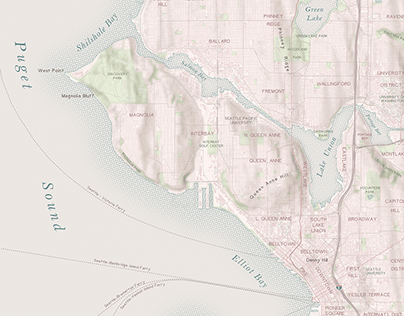 Seattle Map & Ferry Routes with Halftone Shoreline