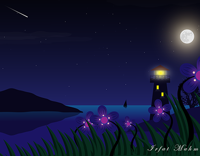 Moon light night in sea side vector landscape.