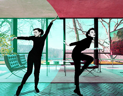 Audrey shaking herself in Glass House by Philip Johnson
