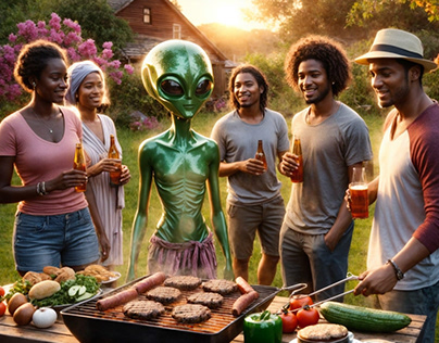 Barbecue party with a Martian guest