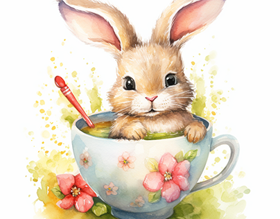 Bunny in teacup cartoon in watercolor