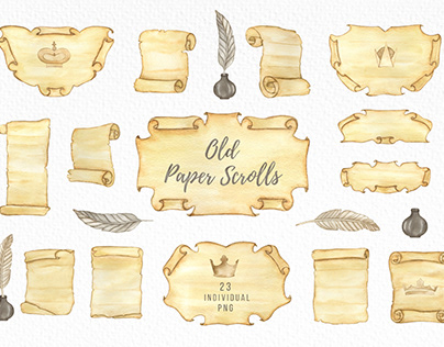Watercolor Paper Scrolls Clipart, Inkwell Royal Paper