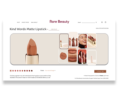 RARE BEAUTY Kind words matte lipstick showcase page UI