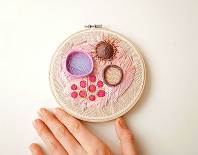 Hand embroidered hoop - mixed media - polymer clay