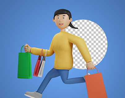 3d happy woman holding many shopping bags illustration