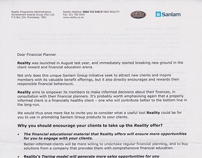 Sanlam Reality Client/Financial Planner Direct Mailers