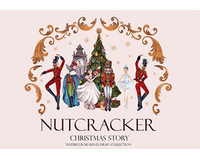 Nutcracker. Christmas Story. Watercolor hand draw.