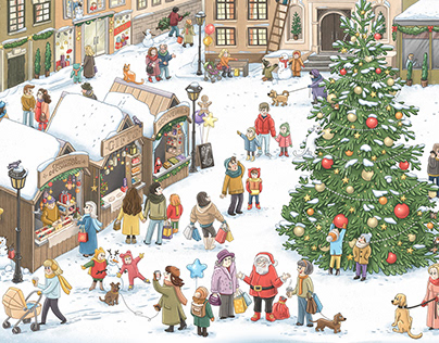 Small Town Christmas Market. Wimmelbuch illustration