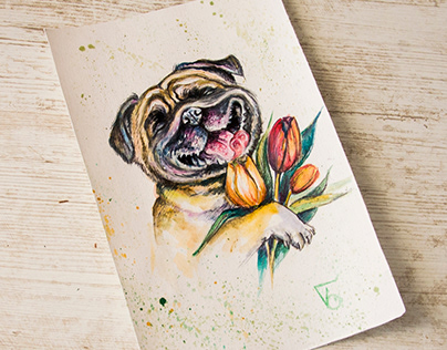 dog with the tulips, watercolor postcard