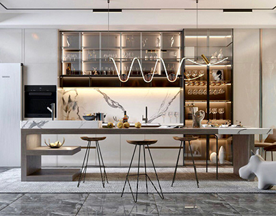 modern kitchen design with matching warm colors .