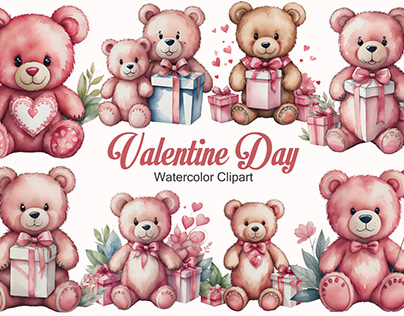 Watercolor Teddy Bear Valentine's Day Clipart