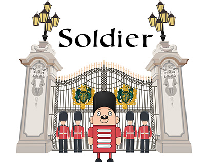 Soldier cartoon character with Buckingham background