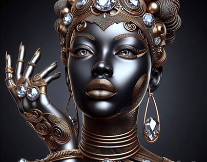a woman with a black face and a gold headpiece
