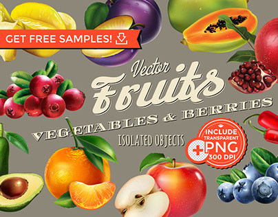 Fruits, Berries and Vegetables vector isolated objects