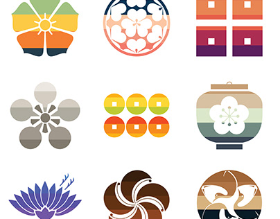 Japanese crest icons vector. Flower, coin, crane, lante