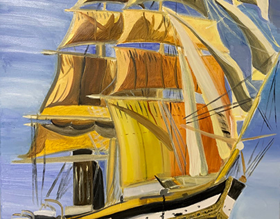 Oil pasting,Canvas,sailing,ship,sea,sky