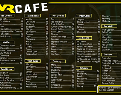 menu for VR cafe & games