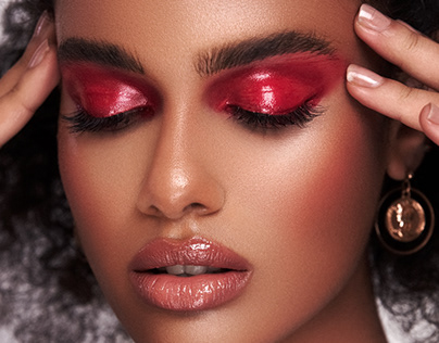 Red eyeshadow, cherry, glossy, tanned, makeup, art
