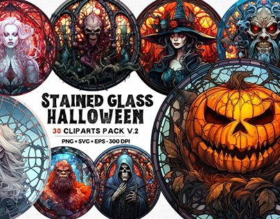 30 Stained Glass Halloween Clipart V2