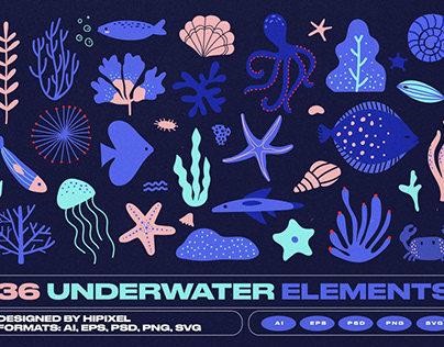 36 Underwater Fishes & Shells Elements