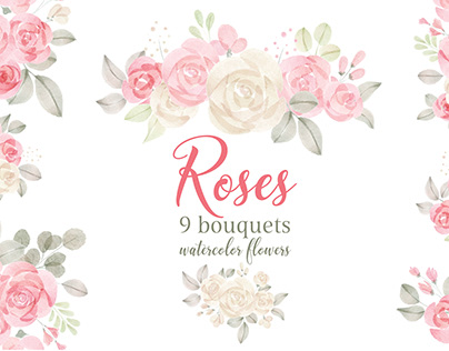 Watercolor Flowers Bouquets, Ivory and Blush Roses